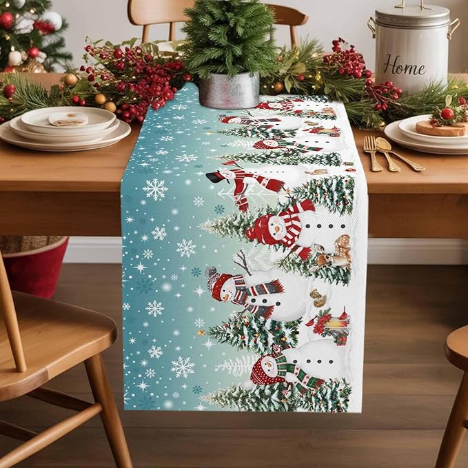 Teal Christmas Snowman Table Runner 70 Inches Long, Xmas Trees Snowflake Table - Image 2