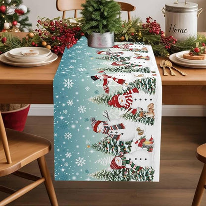 Teal Christmas Snowman Table Runner 90 Inches Long, Xmas Trees Snowflake Table - Image 2