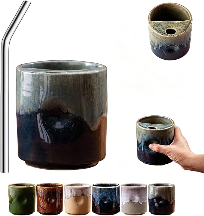 18oz Ceramic Coffee Mug with Hole, Vintage Kiln Style Handleless Tumbler by Unknown