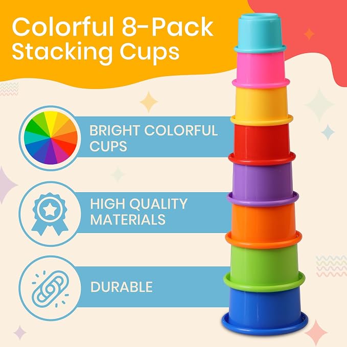 Stacking Cups Baby Toy Educational Cup Stacking Set 8-Pc Rainbow Stackable Cups - Image 3