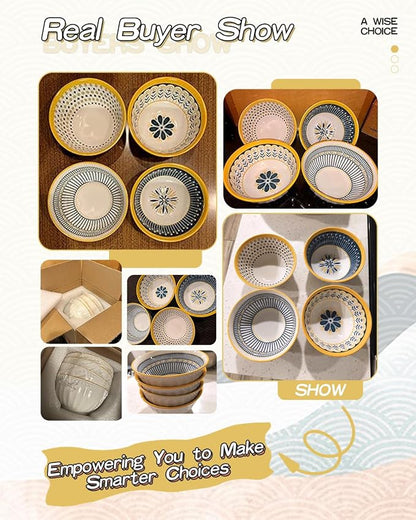 Yeacccng Bohemian Cereal Bowls Set of 4, 27 Oz Ribbed Exterior Ceramic Bowls - Image 15