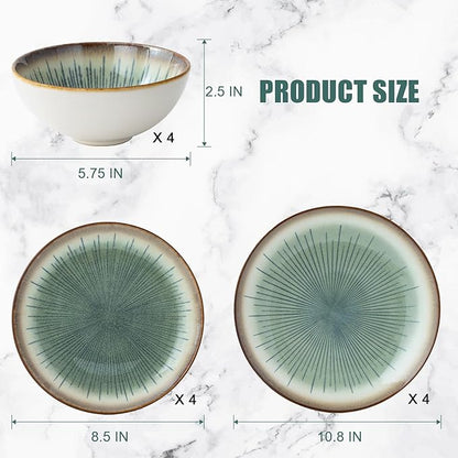Dinnerware Set Green 12 Pieces Service for 4, Stoneware Plates and Bowls Set Stoneware Set, Dishwasher Microwave Safe Dishes set