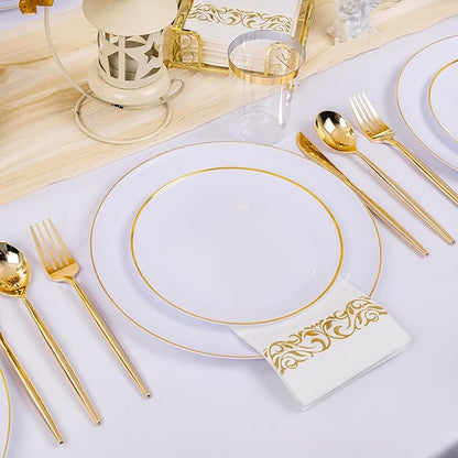MirthMood 350Pcs White and Gold Dinnerware Set,Plastic plates Includes:50 Dinner Plates, 50 Dessert Plates, 150 Gold Plastic Cutlery,50 Paper Towels & 50 Cups for Party&Wedding
