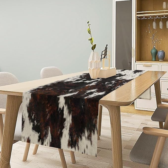 Cow Skin Print Table Runner, Cotton Linen Rustic Cottage Country Farm Animal - Image 2