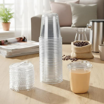 100 Sets 12 oz Clear Plastic Cups with Strawless Sip Lids, Thickened Clear Disposable Plastic Pet Crystal Cups for Iced Coffee, Smoothie, Cold Beverage, Drink Shops and Party Catering