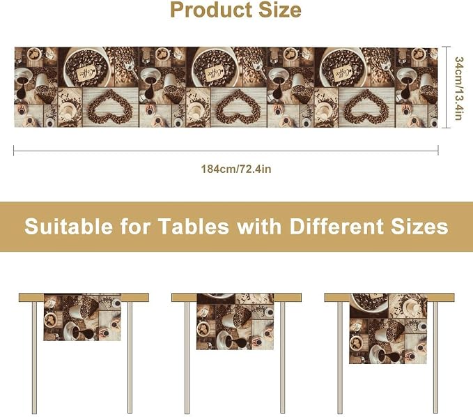 Coffee Time Table Runner, Rustic Coffee Theme Cafe Cup Latte Cappuccino Tea - Image 5