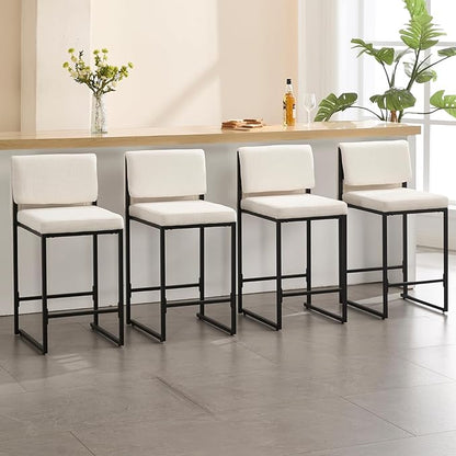 Modern Barstools Set of 4, 26” Upholstered Counter Height Bar Stools Sherpa Fabric Counter Stools with Padded Back Metal Frame for Kitchen Island Dining Room, White