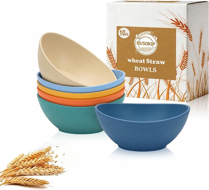 10oz Wheat Straw Bowls Set of 6, Unbreakable Small Plastic Bowls Reusable by BUSOKIP