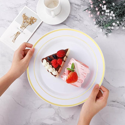 BESTVIP 100Pcs Gold Plastic Plates, 10.25 Inch Disposable Dinner Plates | Heavy - Image 3
