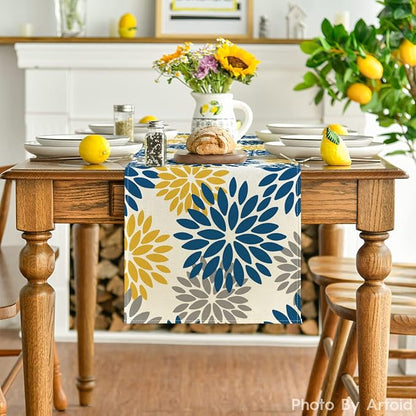 Artoid Mode Blue Dahlia Floral Pinnata Summer Table Runner, Spring Kitchen - Image 2