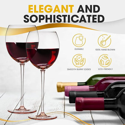 Colored Red Wine Glasses Set of 2 - Elegant Long Stem Wine Glass - 13.3oz (Rose Pink)