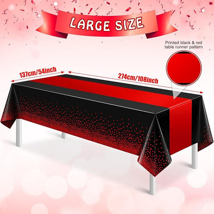 MASHAN 1Pcs Black and Red Tablecloth Party Decorations, Plastic Black Table - Image 2