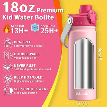 baab 18oz Kids Insulated Water Bottle 18/8 Stainless Steel Kids Cup 1 Pack | - Image 2