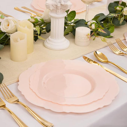 WDF 60pcs Pink Plastic Plates - Baroque Pink Disposable Plates Including 30 Dinner Plates 10.25inch, 30 Dessert Plates 7.5inch for Upscale Valentine's Day, Wedding, Parties