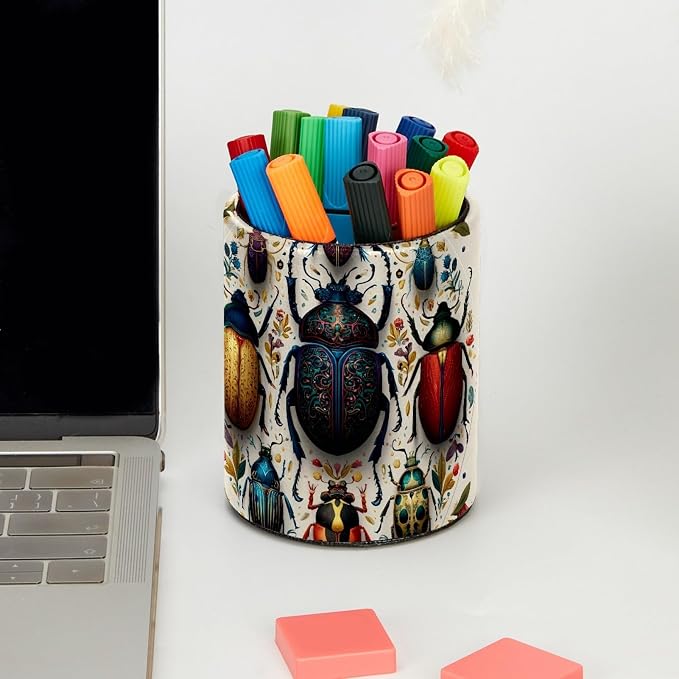 Leather Pen Holder for Desk, Circular Beetle Pencil Cup Pen Organizer Makeup - Image 5