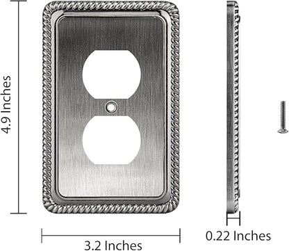 Henne Bery Rope Edge Decorative Wall Plate Switch Plate Outlet Cover (Single Duplex, 3 Pack, Heirloom Silver)