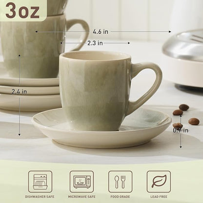 famiware 3oz Espresso Cups and Saucers, Sage Green | Ceramic Small Coffee Mug - Image 5