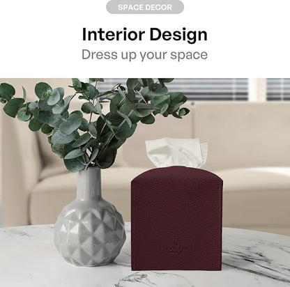 Carrotez Tissue Box Cover, [Refined] Modern PU Leather Square Tissue Box Holder - Decorative Holder/Organizer for Bathroom Vanity Countertop, Night Stands, Office Desk & Car 5"X5"X5" - Wine