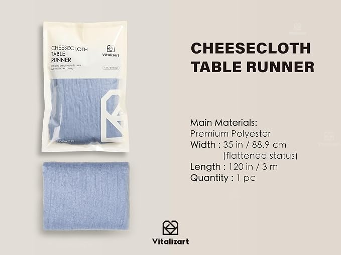 Vitalizart Cheesecloth Table Runner Blue 10ft Gauze Boho Rustic | 120 Inches - Image 2