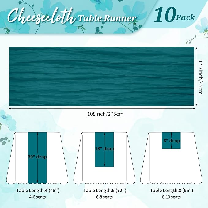 Pesonlook Cheesecloth Table Runner Teal, 10 Pack 17.7x108 inch, Long | Rustic - Image 2