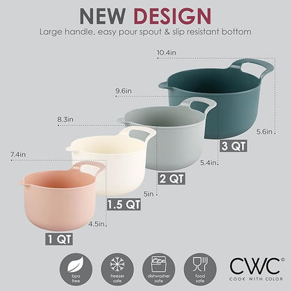 COOK WITH COLOR Nesting Plastic Mixing Bowl Set with Pour Spouts and Handles, Teal and Pink, 4 Piece Non-Slip