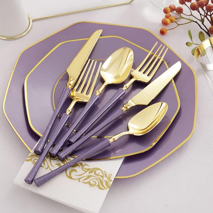 KIRE 140Pcs Purple Plates with Gold Rim - Image 3