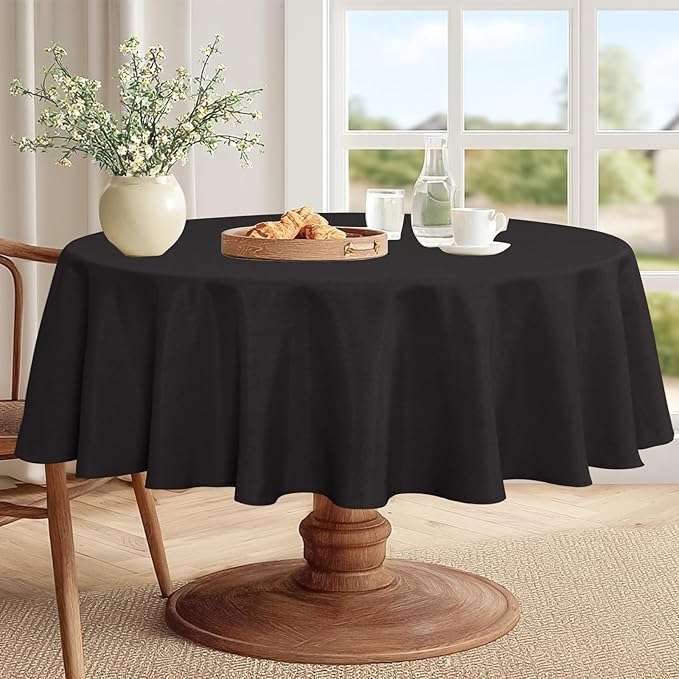JIUZHEN Round Tablecloth Linen Textured Wrinkle Stain Resistant Farmhouse Table Cloth Decorative Fabric for Kitchen, Dining, Party, Wedding,Outdoor Use,90 Inch Round,Black