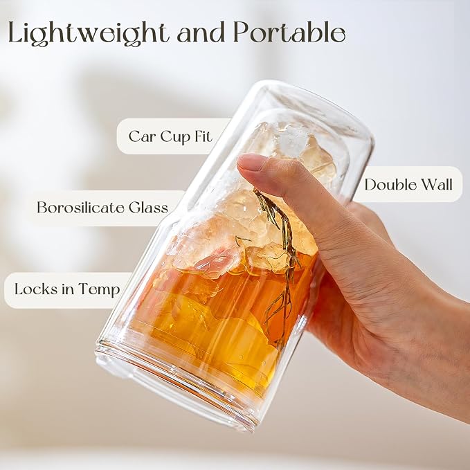 KEMORELA Set of 4 Double-Walled Glass Cups, 16 oz / 480 ml Insulated Tumblers - Image 5