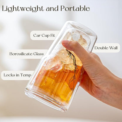 KEMORELA Set of 4 Double-Walled Glass Cups, 16 oz / 480 ml Insulated Tumblers - Image 5
