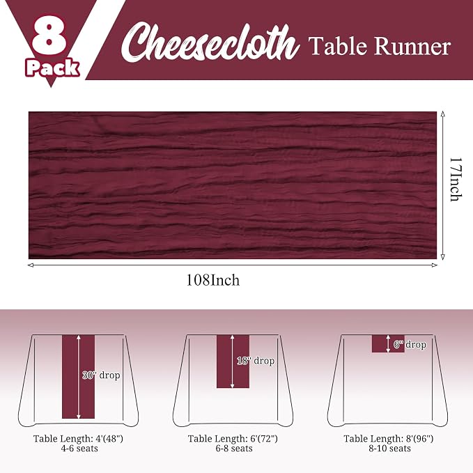 8 Pack Burgundy Table Runner 17 x 108inch Cheesecloth Table Runner Boho Gauze - Image 2