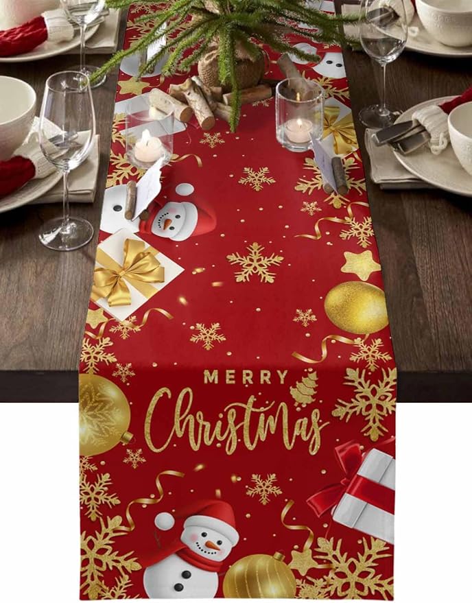 Merry Christmas Table Runner 72 Inches Long, Xmas Balls Snowman Snowflake Table by Unknown