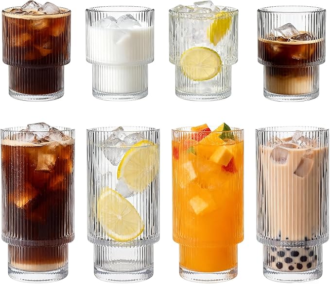 Ribbed Drinking Glasses Set of 8, Stackable Cute Kitchen Glasses Cups 16oz and by Salpae