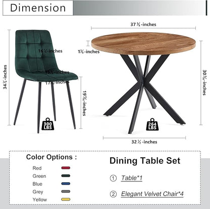 5-Piece Round Dining Table Set - Kitchen Table Chairs Set of 4 with Green Velvet Upholstered Chairs -Dining Table Set for 4
