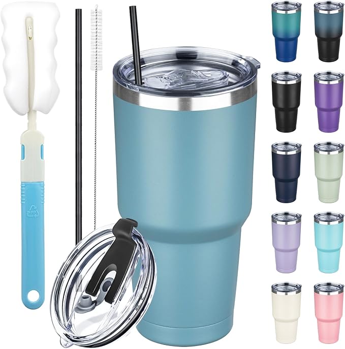 30 oz Tumbler with Lids and Straws, Stainless Steel Insulated Coffee Tumbler by GUDEMAO