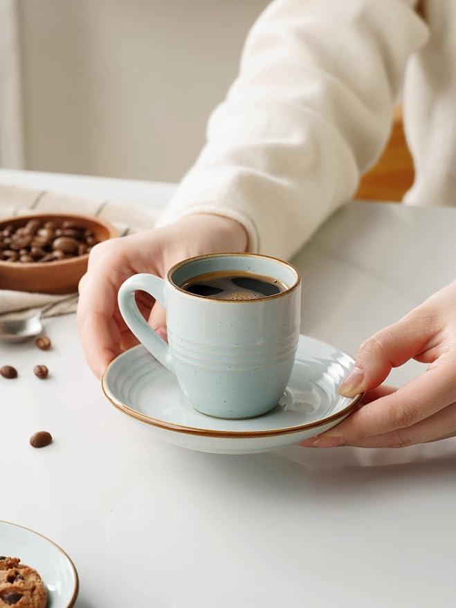 famiware 3oz Espresso Cups and Saucers, Light Blue | Ceramic Small Coffee Mug - Image 2
