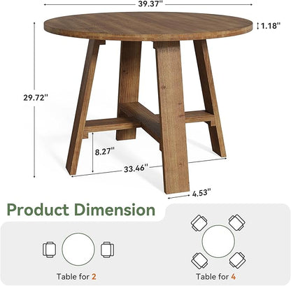 39.4" Round Dining Table for 2–4 People, Solid Wood Farmhouse Kitchen Table with Natural Wood Grain for Dining Room, Rustic Brown