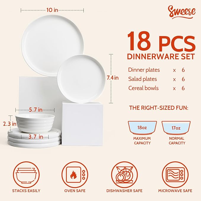 Sweese Plates and Bowls Sets, 18 Pieces Modern Porcelain Dinnerware Set - Image 2