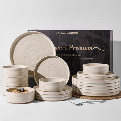 Stoneware Dinnerware Sets for 6, Reactive Glaze Plates & Bowls, Shell Beige | by FamiwarePremium