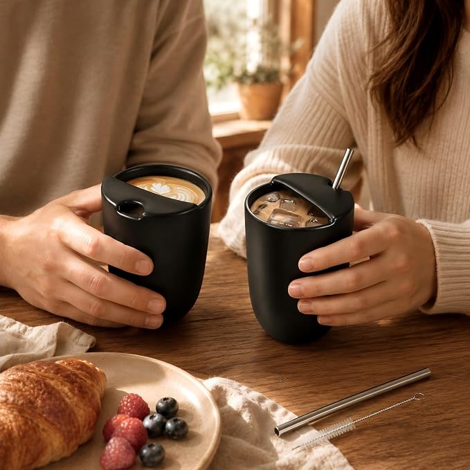 2 Pack Ceramic Coffee Mug with Sip Hole 9.5oz Retro Espresso Cup with Straws - Image 7