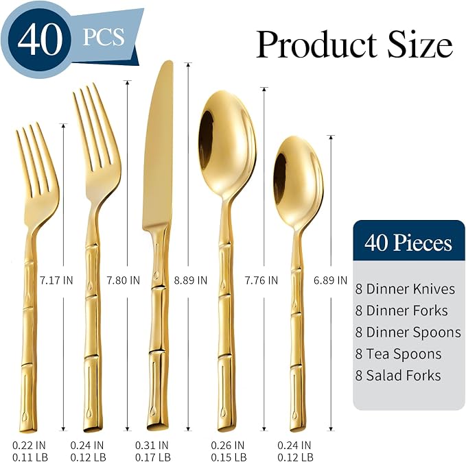 Gold Silverware Set 40-Piece Bamboo Pattern Service - Image 2