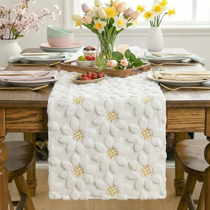 Artoid Mode White Soft Plush Faux Fur Jacquard Embroidery Sunflower Spring - Image 2