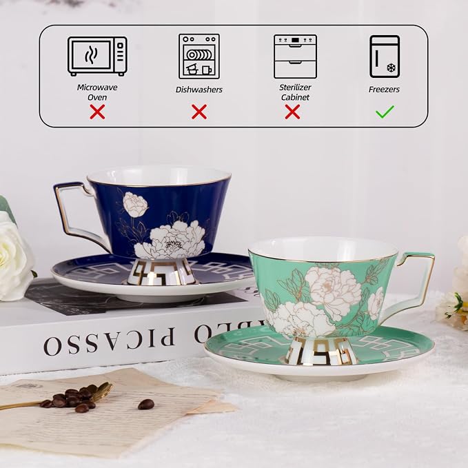 KAMMAK Ceramic Coffee Cups Saucers Set of 2, Porcelain Espresso Cups - Image 6