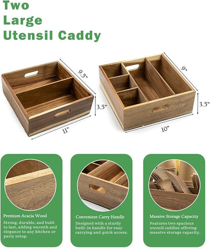 Acacia Wood Utensil Holder for Party (Set of 2) - 11" x 9.5" Utensil Caddy for Parties & Silverware Caddy for Countertop - Holds Plates, Napkins, Cups, Spoons, Forks - Kitchen Accessories