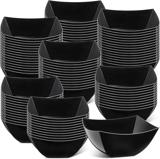 Sliner 100 Pcs Square Plastic Bowls 8 oz Plastic Serving Bowls Disposable Chip Containers for Parties Snack Fruit Candy Containers for Candy Buffet Salad Bar Buffet Party Supplies(Black)