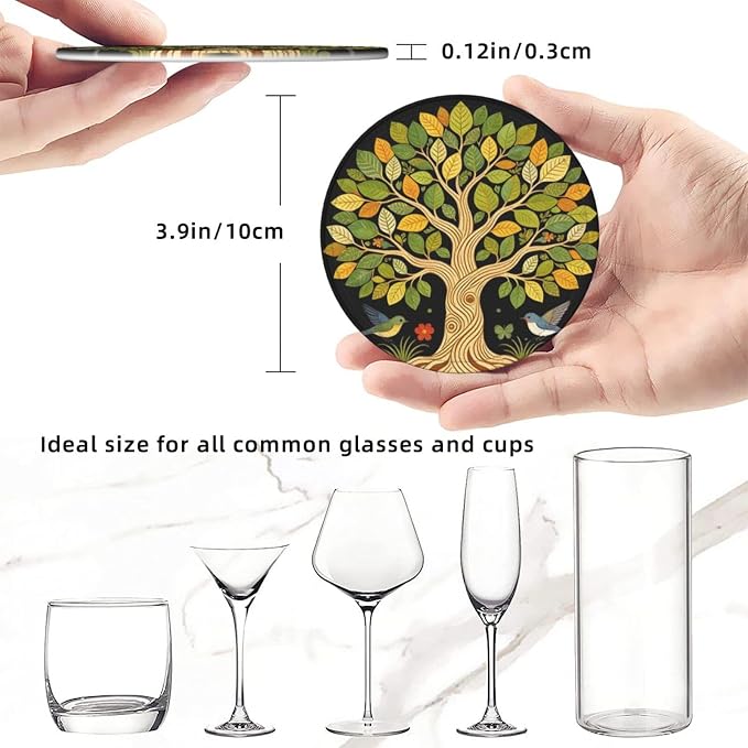 Drink Coasters with Holder Stand Set of 6, Tree of Life Vintage Pu Leather - Image 3
