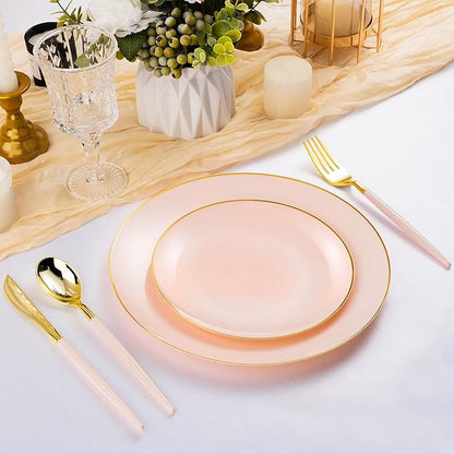 100 PCS Pink Gold Plastic Plates, 10 inch Pink Disposable Plates for Party, Plastic Dinner Plates for Party, Graduation, Wedding