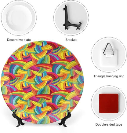 Ceramic Display Plate, Abstract Decor Ceramic Hanging Decorative Plate, Colorful Rainbows Wheels Spiral Wavy Fashionable, 6 Inch, Household Custom Ceramic Plate, Multy