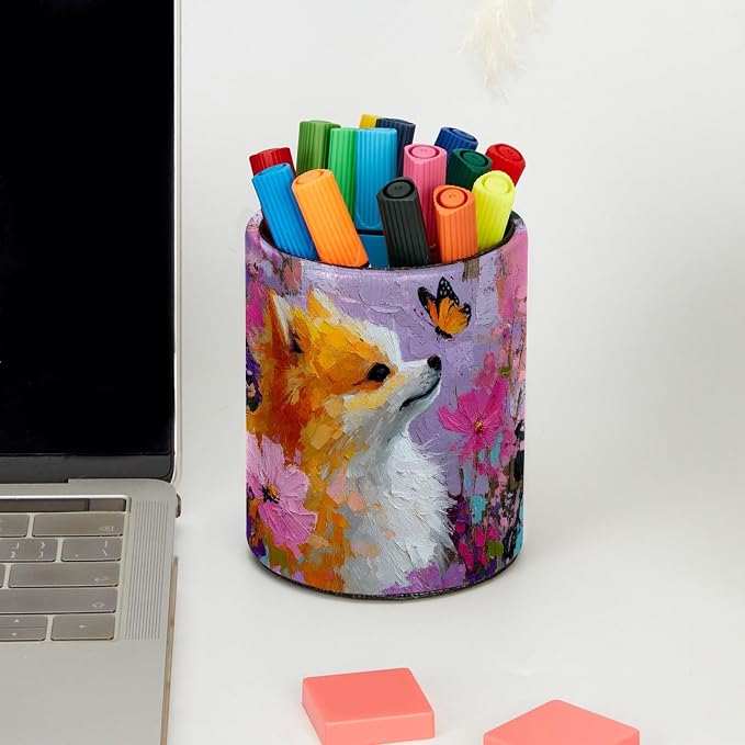Leather Pen Holder for Desk, Dog Oil Painting Pencil Cup Pen Organizer Makeup - Image 5