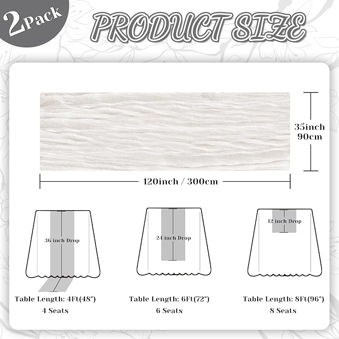 2 Pack Cheesecloth Table Runner, 120 Inch Ivory White Table Runner | 10 Ft Boho - Image 2