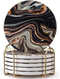 6 Pcs Black and Gold Marble Coasters with Holder Best Round Absorbent Coasters for Drinks, Coffee, Beer, Table Marble Personalized Coaster Sets